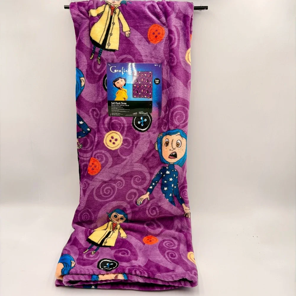 Coraline LAIKA Soft Plush Throw Blanket 50x70 Purple Halloween Print New